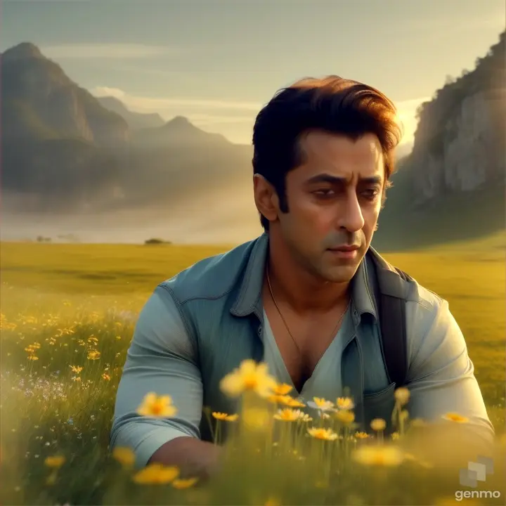 4k realism High definition Video opens with a serene of a sun-kissed meadow, where wildflowers sway gently in the breeze. The scene transitions to a young actor salman khan siting on the rock / background mist and flying butterflies