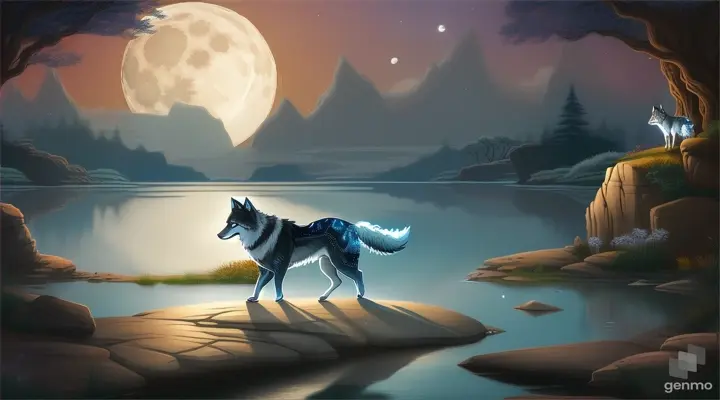 wolf, with her keen senses, led the way to a serene riverbank where moonlight painted silver patterns on the water. Following the moonbeam's path, they discovered a hidden cave. cartoon illustration