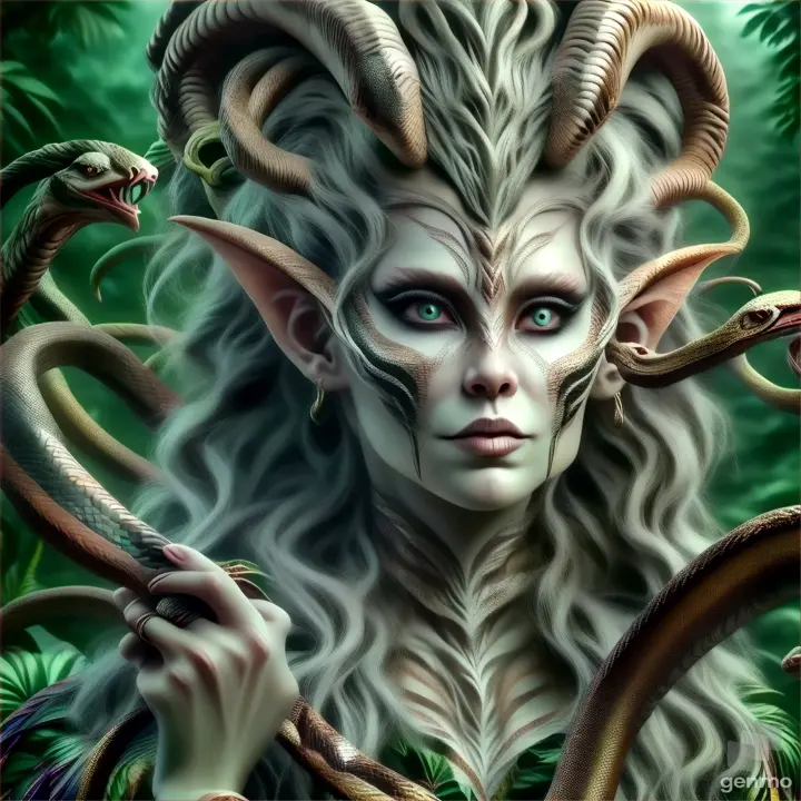 a woman with horns and horns holding a snake