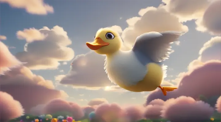 3d Pixar animation: a small duckling flying in the sky 