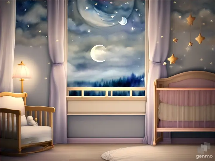 a cozy nursery setting with a crib, stuffed animals, and a gentle night sky outside the window