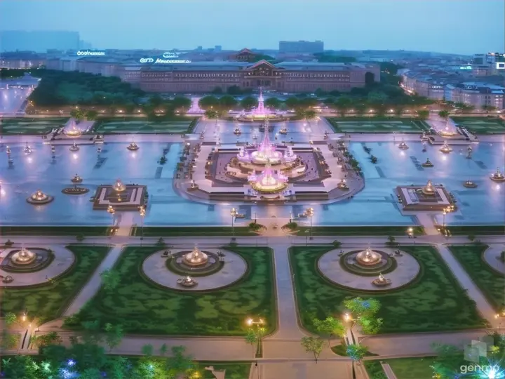 an aerial view of a city square at night