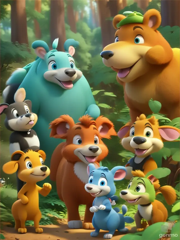 a group of cartoon animals standing in a forest