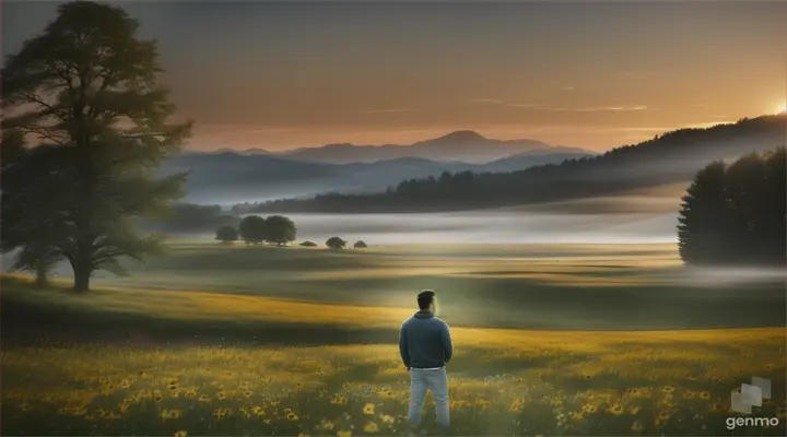 4k realism High definition Video opens with a serene of a sun-kissed meadow, where wildflowers sway gently in the breeze. The scene transitions to a young actor salman khan at flower ground near lake hands on pockets / background mist and flying butterflies