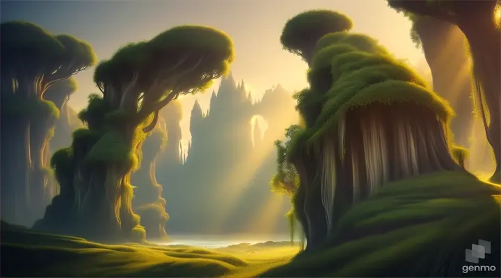 Your hair as leafy tendrils extending from a massive, towering plant in a fantasy landscape, with a sun-drenched, hazy background