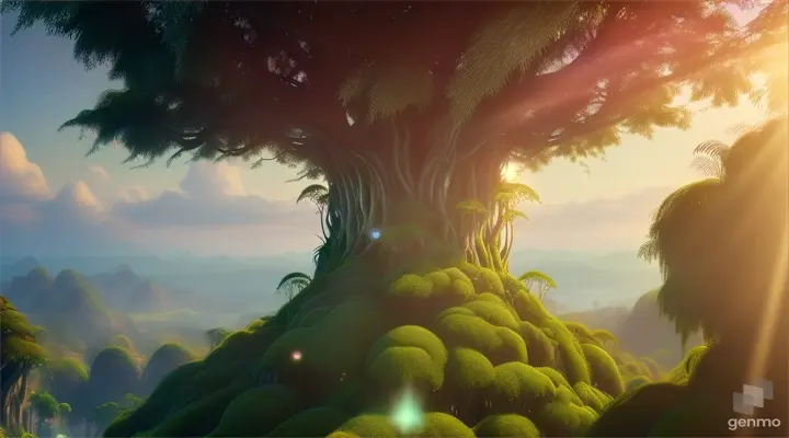 Your hair as leafy tendrils extending from a massive, towering plant in a fantasy landscape, with a sun-drenched, hazy background
