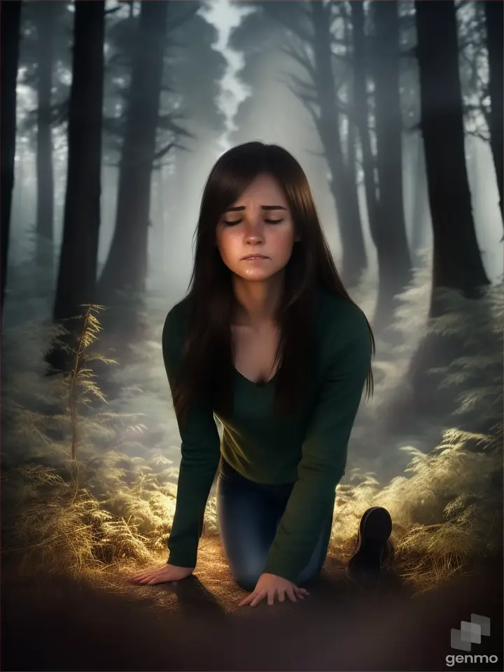 Full HD realistic at night cena humana beauty straight brown hair jovem mulher sendo machucada por um homem man trying to hurt casual clothes, esta crying in forest at night low light.