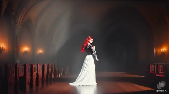 a girl in a black dress and with red hair on her head runs through an empty castle [Gothic style as in the photo]