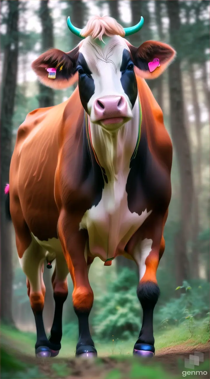 cow dancing in forest and listening a song 