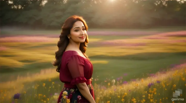 4k realism High definition Video opens with a serene of a sun-kissed meadow, where wildflowers sway gently in the breeze. The scene transitions to a young actress madhuri dixit at flower garden / background mist and flying butterflies