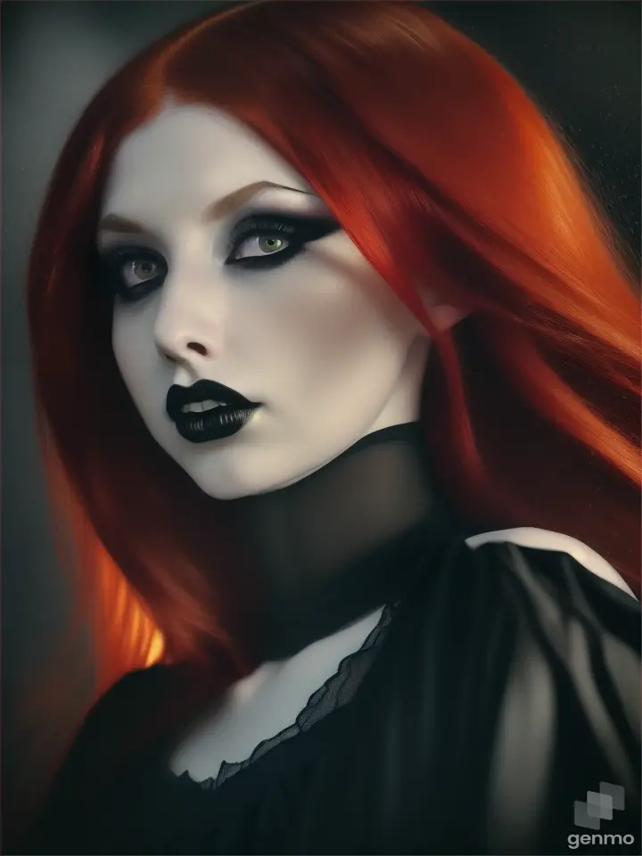 a girl in a black dress and with red hair on her head falls to the ground [gothic as in the photo]