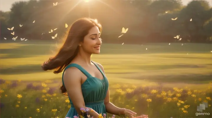 4k realism High definition Video opens with a serene of a sun-kissed meadow, where wildflowers sway gently in the breeze. The scene transitions to a young actress madhuri dixit enjoying at flower garden / background mist and flying butterflies