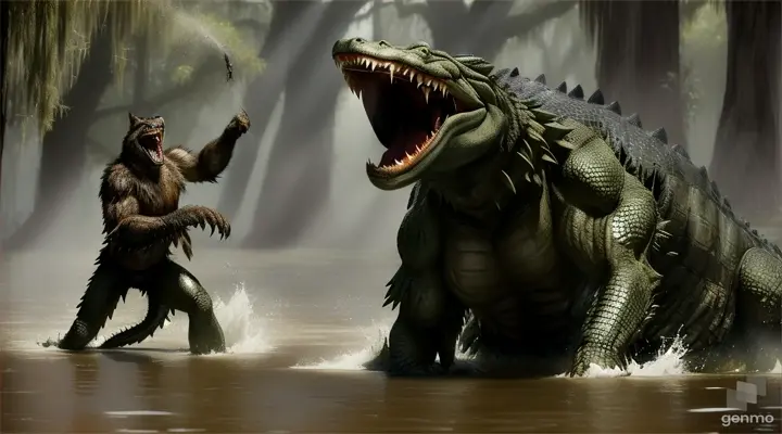 Man-wolf VS Crocodile Reptile werewolf style Lon Chaney Jr. classic universal study in a A swamp in Louisiana Fighting with he claws with a crocodile The crocodile comes out of the water attacking with its reptilian jaws with its mouth open while moving its tail with its scaly body .The muscular werewolf standing with his hairy body with torn shirt and torn pants in effect sketch style charcoal drawing