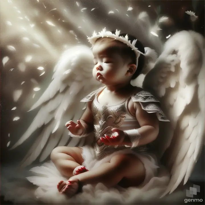 a baby dressed as an angel sitting on a cloud