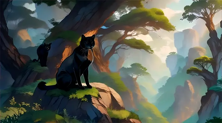 a black cat sitting on top of a lush green forest