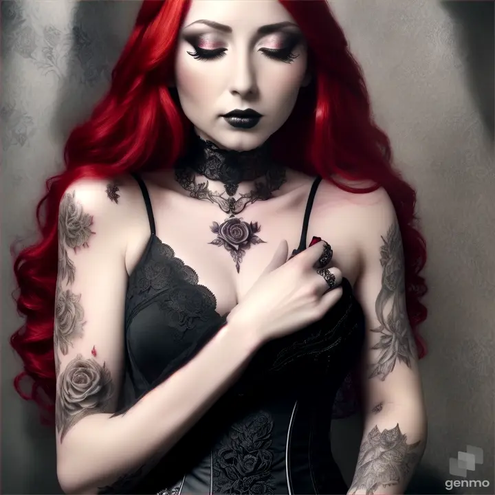 Gothic girl with red hair kneeling on black irises holding a bleeding rose, eyes closed in ecstasy