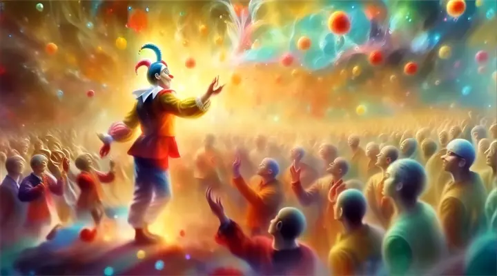 a painting of a clown juggling in front of a crowd of people