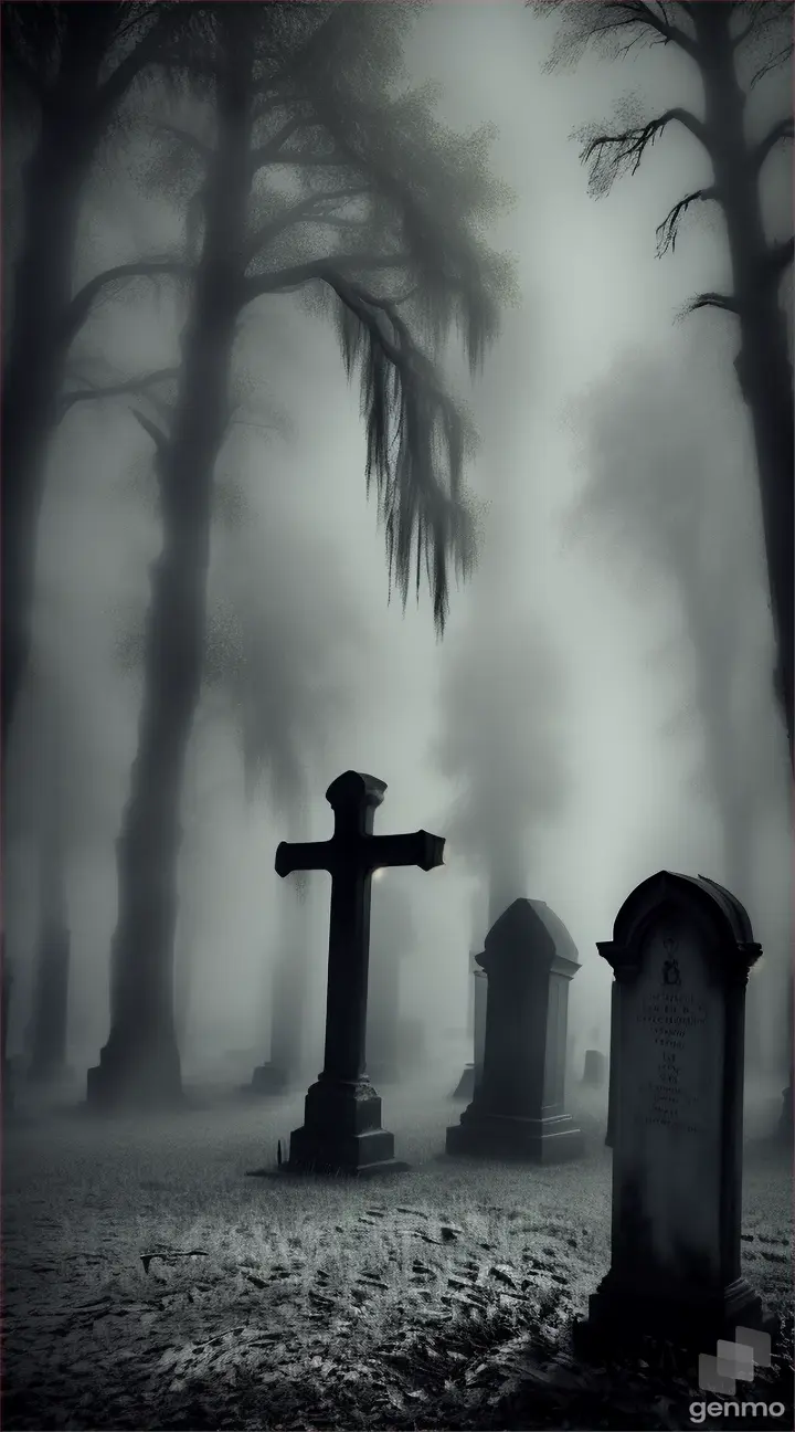 Foggy cemetery in Louisiana with ghostly figures , broken crosses amidst weathered gravestones in an enchanted forest