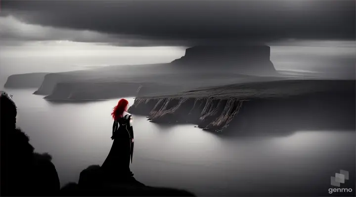 A gothic girl in a black dress with red hair sees the dark silhouette of a man in black [view from afar]