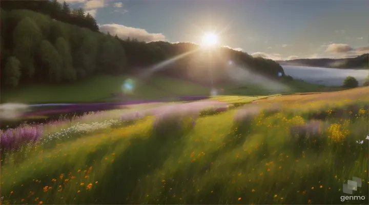 4k realism High definition Video opens with a serene of a sun-kissed meadow, where wildflowers sway gently in the breeze. The scene transitions to at flower garden flying butterflie and mist