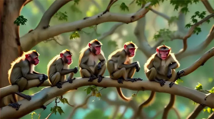a group of monkeys sitting on a tree branch