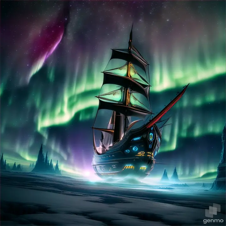 Valhalla viking ship flying to the moon through aurora northern lights, solar wind, magnetospheric plasma, ionization, thermosphere/exosphere, cold/warm, milky way background, cosmic, astral, quantic, lucid dream, jaccob ladder, cyberpunk medieval norse celtic art,energy-filled epic science fiction film concept digital art by Maciej Kuciara and Vincent Di Fate,,motion graphics, cinematic parallax, hdri,pbr megascans textures, behance, cinema4d, octane render, cgi in the style of ilene meyer and archillect, render by Zaoeyo, 16k
