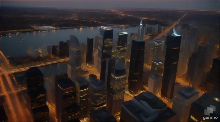 Slow-motion aerial footage of a cityscape at dusk, captured by a drone. The camera glides gracefully over the skyline, showcasing the sleek, modern buildings against the backdrop of the setting sun.