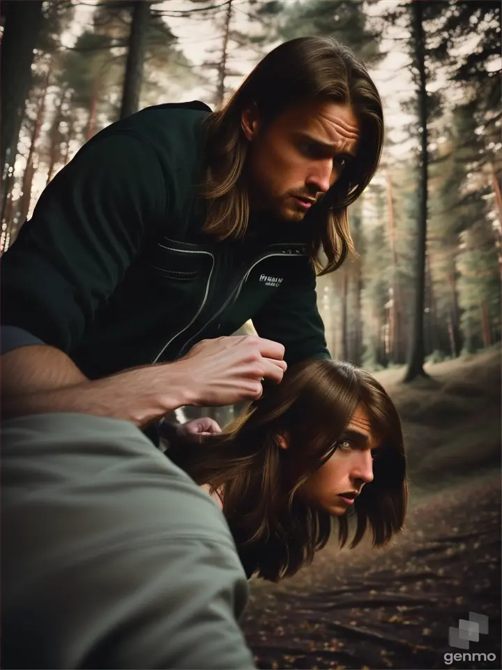 Full HD realistic suspense human scene at night low light a American man attack hurt a beauty human woman brown hair, with fear expression in casual clothes, at realistic forest night