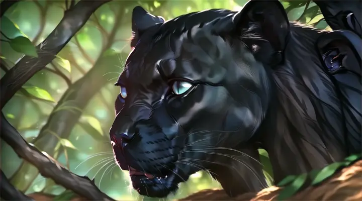 a close up of a black panther on a tree branch