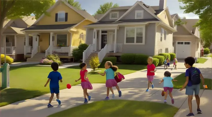 Opening shot of a vibrant suburban neighborhood on a sunny summer day. Children run out of their houses with excitement, ready to embark on their summer adventures, sidewalks echo with the sounds of laughter and chatter as kids gather, discussing their plans for the day. Neighbors greet each other from their yards, dogs bark playfully, and a mailman delivers letters with a smile, all under the clear blue sky in Pixar 3D style.