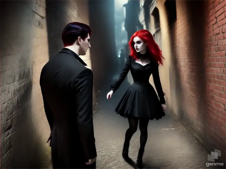 Gothic girl with red hair approaches a man in black clothes