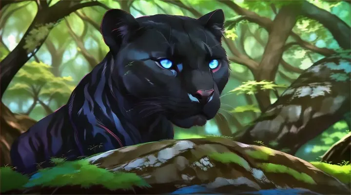 a black panther with blue eyes standing in a forest