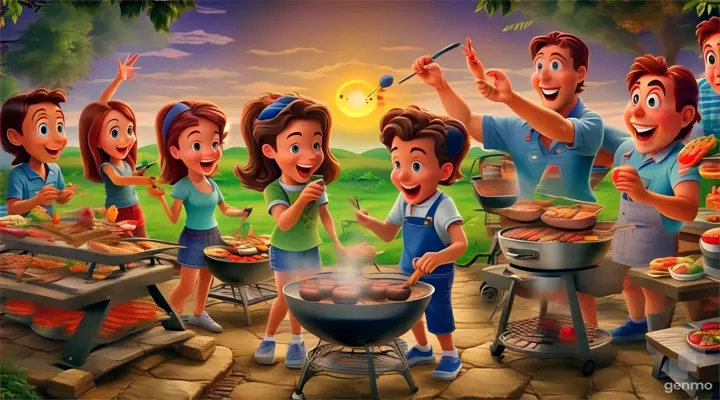 a group of people standing around a bbq grill