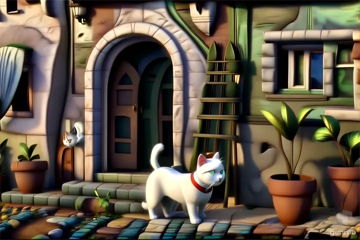 a white cat standing in front of a house