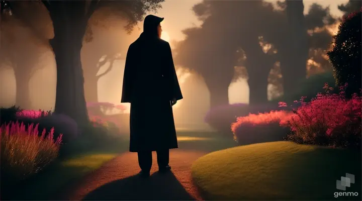 a silhouette in a dark robe walks through the garden