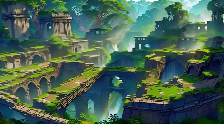 a ruined city in the middle of a forest