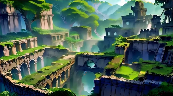 a ruined city in the middle of a forest