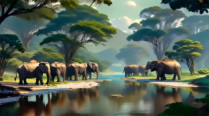 a herd of elephants standing next to a river