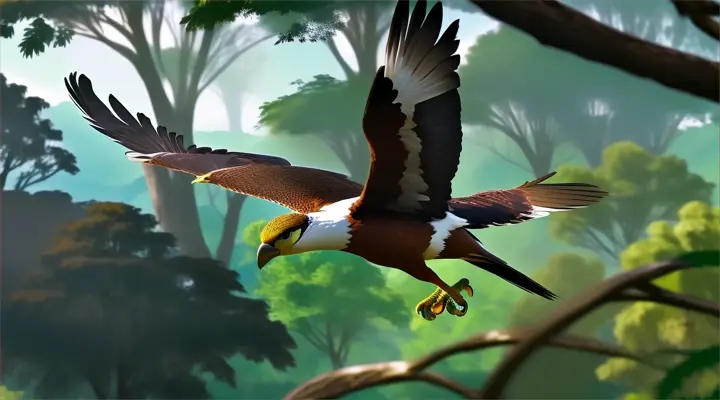 a bird flying over a lush green forest