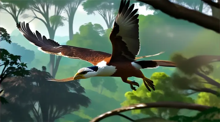 a bird flying over a lush green forest