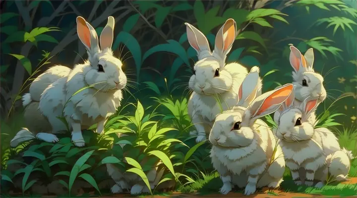 a group of rabbits sitting in the grass