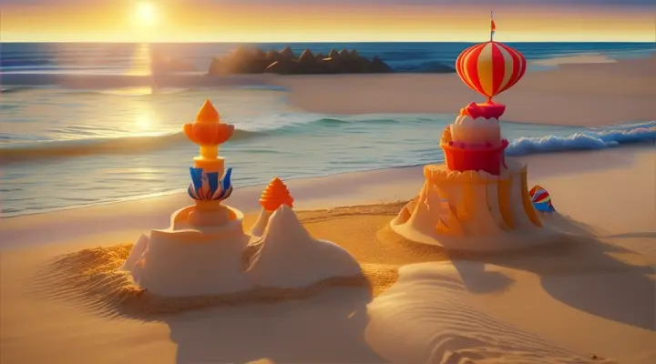 Wide shot of the kids building sandcastles on the beach, waves crashing in the background. They decorate their creations with seashells and flags, their faces lit up with joy. The golden hour light bathes the scene, casting long shadows on the sand, highlighting the intricate designs of the sandcastles and the joyful expressions on the children's faces. 3D