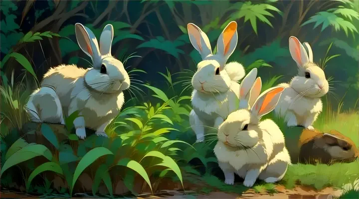 a group of rabbits sitting in the grass