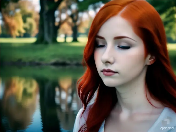 woman with red hair sees her reflection in the water[realistic]