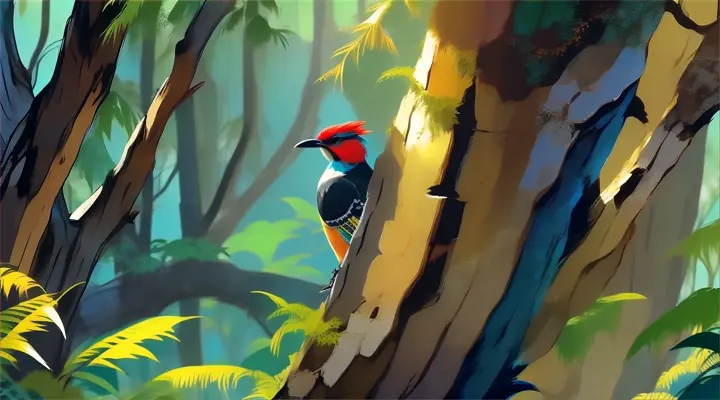 a colorful bird perched on a tree in a forest