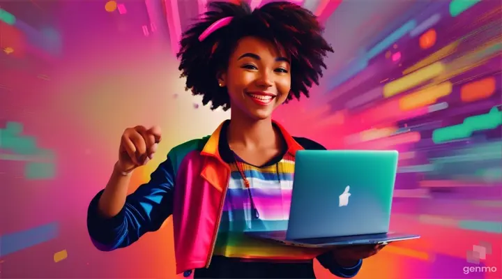 A jubilant figure stands amidst a burst of colors, holding a closed laptop. 