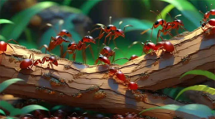 a group of red ants crawling on a tree branch