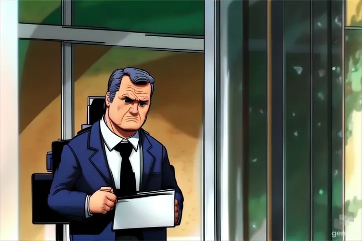 a cartoon of a man in a suit holding a piece of paper