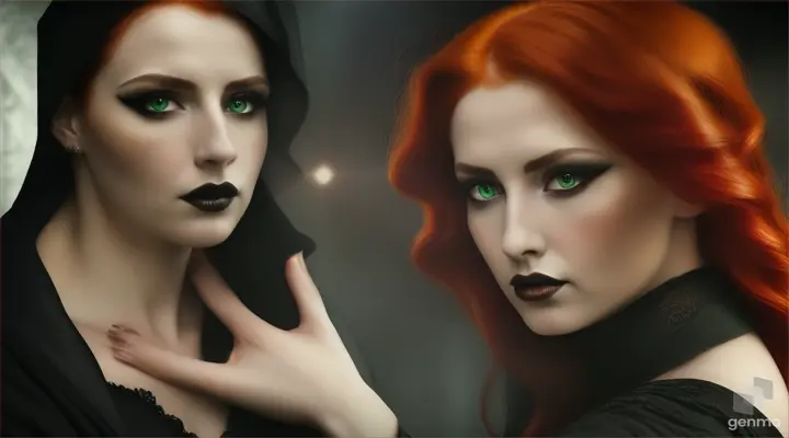 a woman with red hair and a black gothic dress reaches out to a man with black hair and a black robe[realistic]