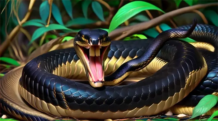 a black and gold snake with its mouth open